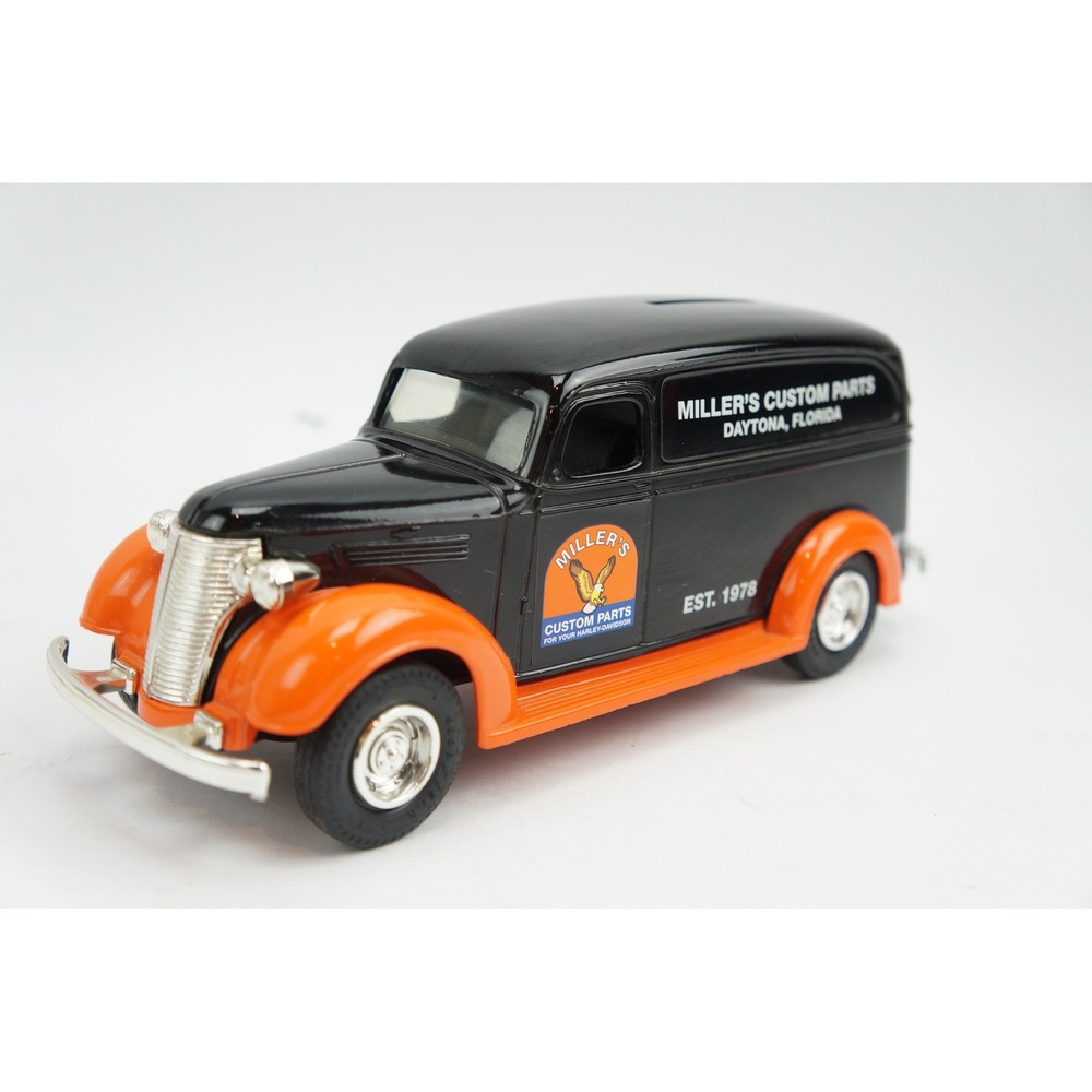 Ertl Miller's Custom Parts Delivery Van Coin Bank Black Orange Excellent
